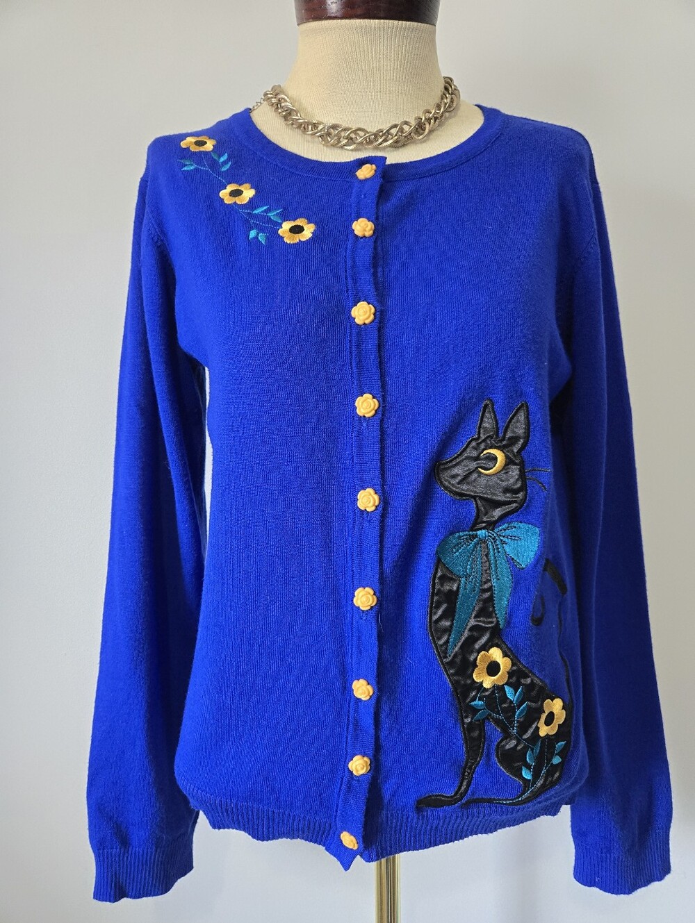 VOODOO VIXEN Black Cat Royal Blue Cardigan With Flowets. Size XXL
